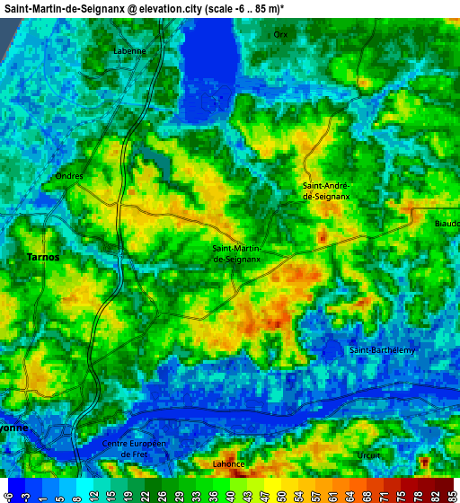 Zoom OUT 2x Saint-Martin-de-Seignanx, France elevation map