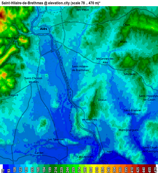 Zoom OUT 2x Saint-Hilaire-de-Brethmas, France elevation map