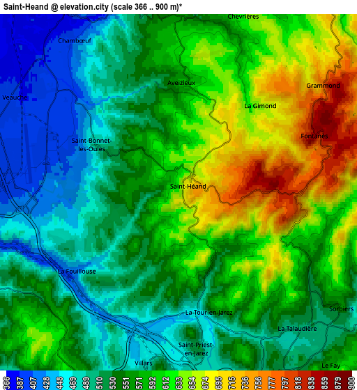 Zoom OUT 2x Saint-Héand, France elevation map