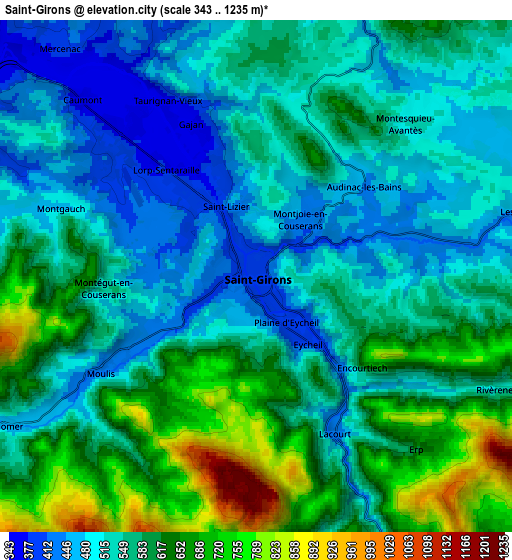 Zoom OUT 2x Saint-Girons, France elevation map