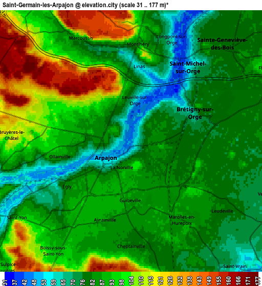 Zoom OUT 2x Saint-Germain-lès-Arpajon, France elevation map