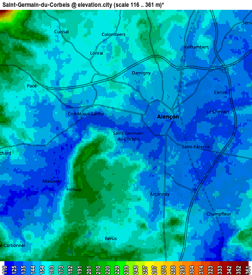 Zoom OUT 2x Saint-Germain-du-Corbéis, France elevation map