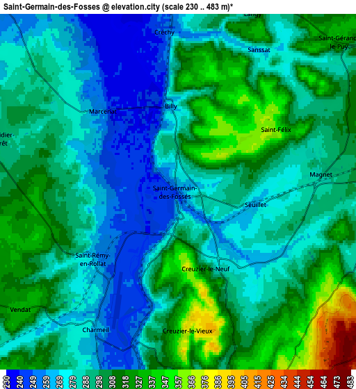 Zoom OUT 2x Saint-Germain-des-Fossés, France elevation map