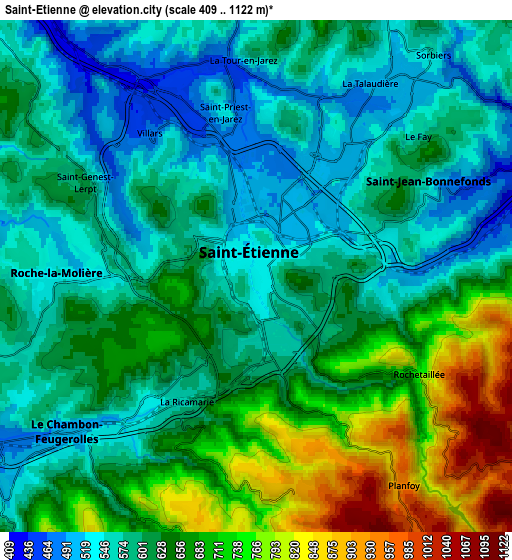 Zoom OUT 2x Saint-Étienne, France elevation map