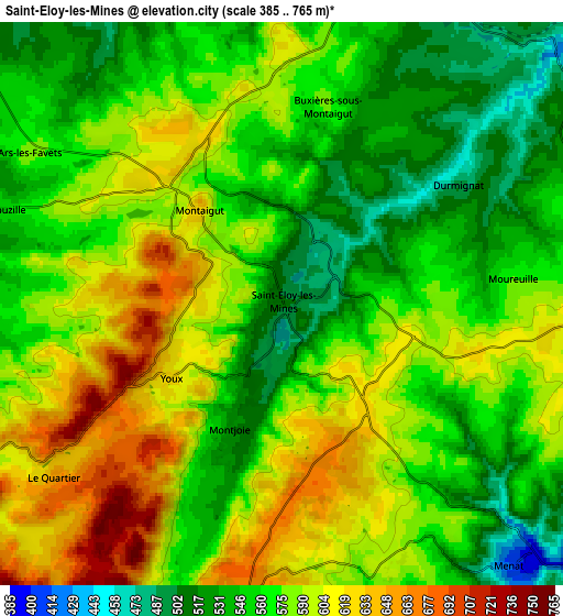 Zoom OUT 2x Saint-Éloy-les-Mines, France elevation map