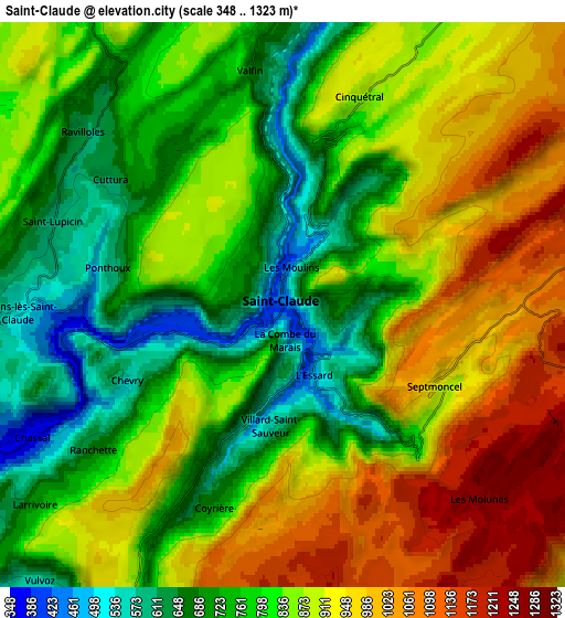 Zoom OUT 2x Saint-Claude, France elevation map