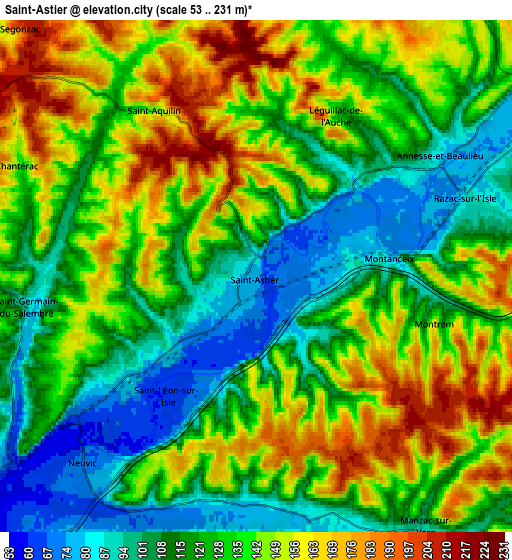 Zoom OUT 2x Saint-Astier, France elevation map