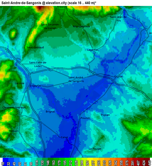 Zoom OUT 2x Saint-André-de-Sangonis, France elevation map