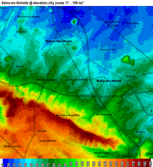 Zoom OUT 2x Sains-en-Gohelle, France elevation map