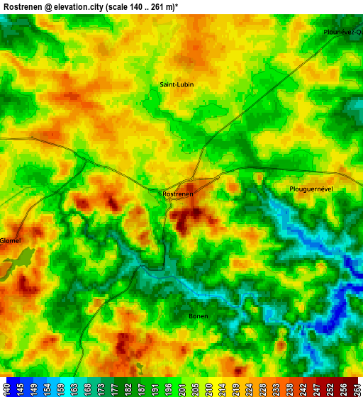 Zoom OUT 2x Rostrenen, France elevation map