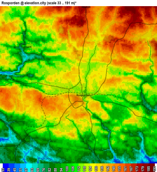 Zoom OUT 2x Rosporden, France elevation map