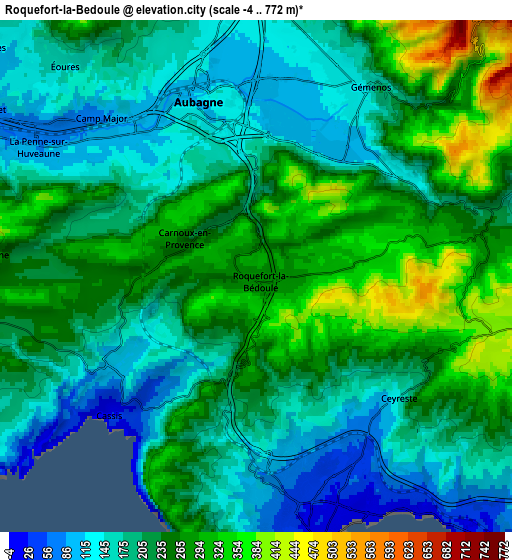 Zoom OUT 2x Roquefort-la-Bédoule, France elevation map