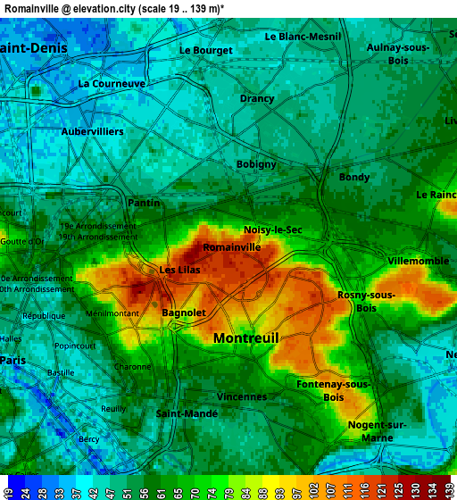 Zoom OUT 2x Romainville, France elevation map
