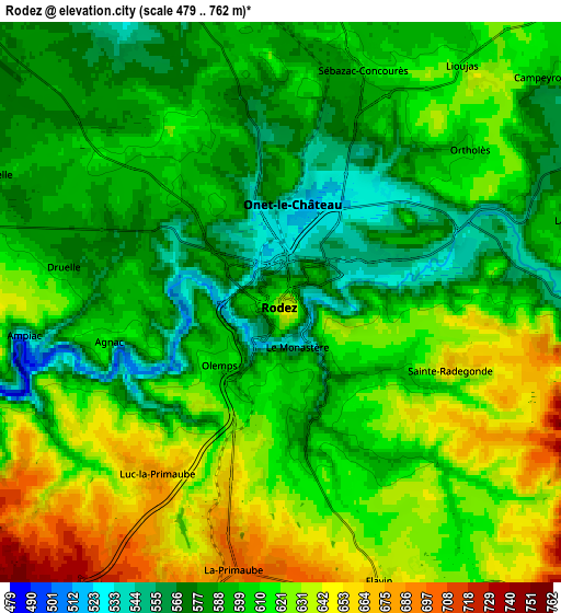 Zoom OUT 2x Rodez, France elevation map