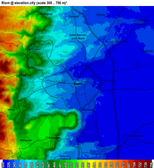 Zoom OUT 2x Riom, France elevation map