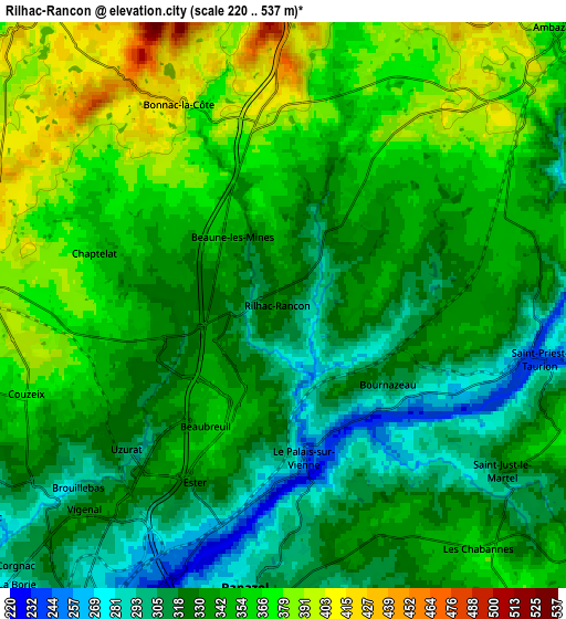 Zoom OUT 2x Rilhac-Rancon, France elevation map