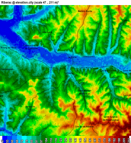 Zoom OUT 2x Ribérac, France elevation map