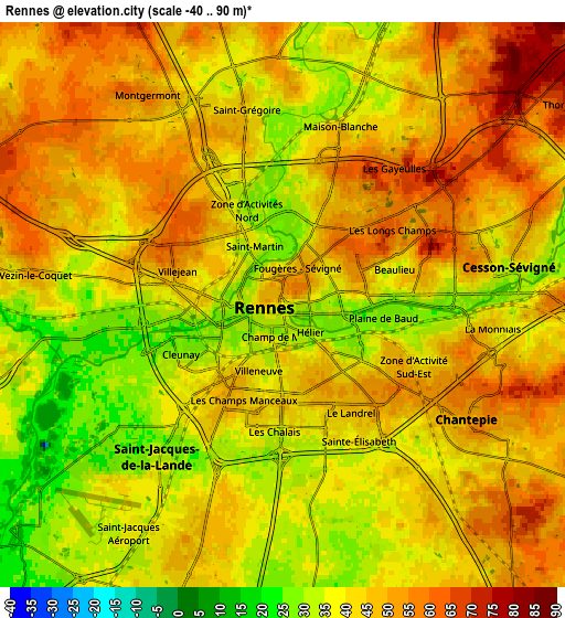 Zoom OUT 2x Rennes, France elevation map