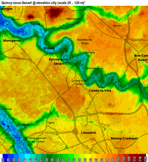 Zoom OUT 2x Quincy-sous-Sénart, France elevation map