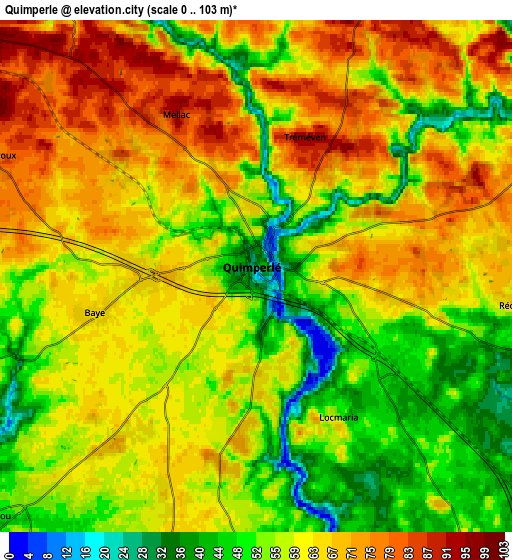 Zoom OUT 2x Quimperlé, France elevation map