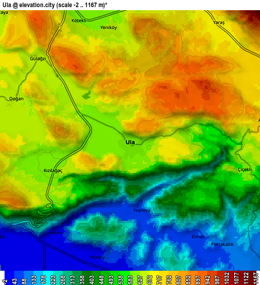 Zoom OUT 2x Ula, Turkey elevation map