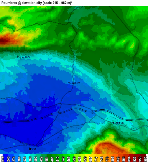 Zoom OUT 2x Pourrières, France elevation map