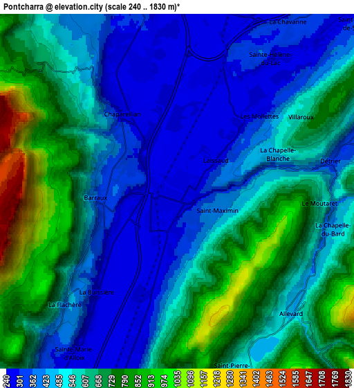 Zoom OUT 2x Pontcharra, France elevation map