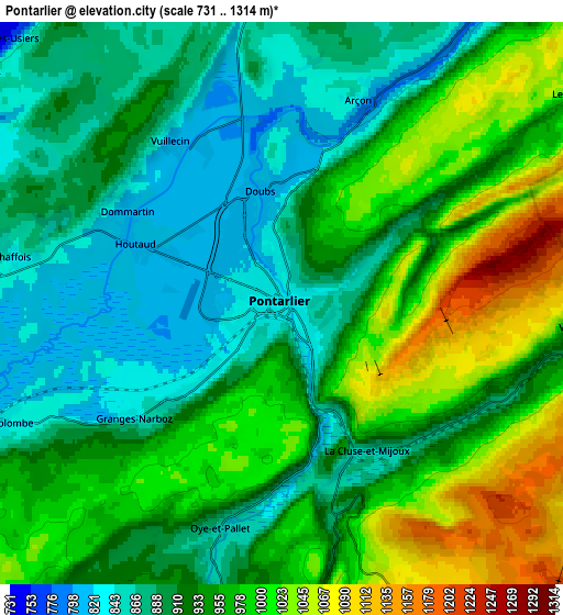 Zoom OUT 2x Pontarlier, France elevation map