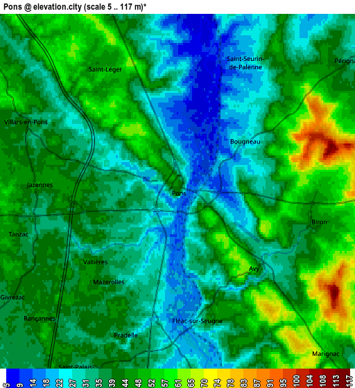 Zoom OUT 2x Pons, France elevation map