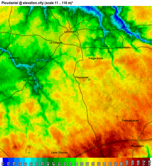 Zoom OUT 2x Ploudaniel, France elevation map