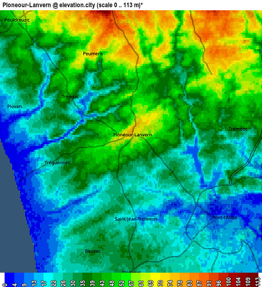 Zoom OUT 2x Plonéour-Lanvern, France elevation map