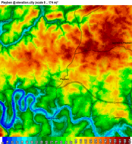 Zoom OUT 2x Pleyben, France elevation map