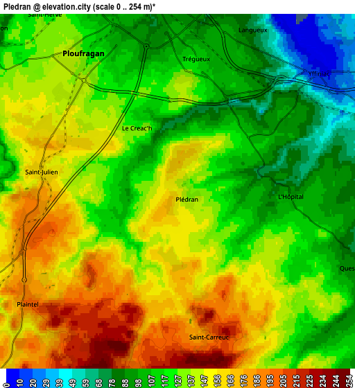 Zoom OUT 2x Plédran, France elevation map