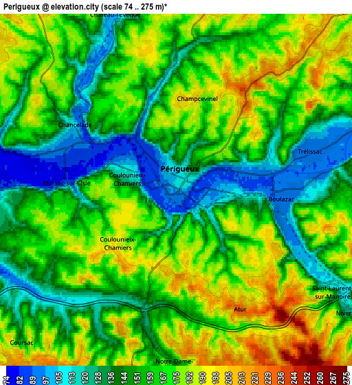 Zoom OUT 2x Périgueux, France elevation map