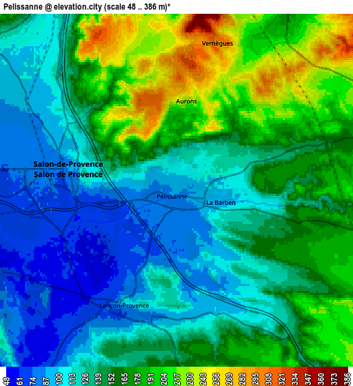Zoom OUT 2x Pélissanne, France elevation map