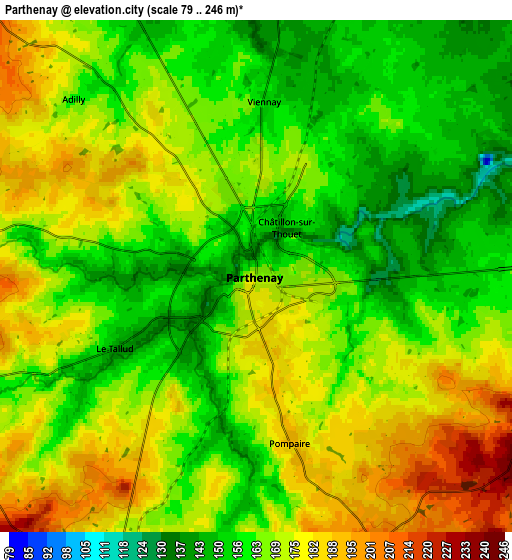 Zoom OUT 2x Parthenay, France elevation map