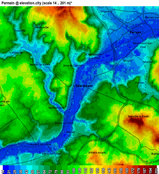 Zoom OUT 2x Parmain, France elevation map