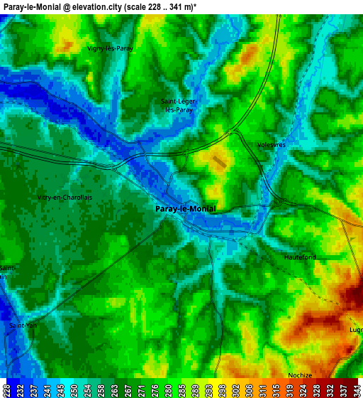 Zoom OUT 2x Paray-le-Monial, France elevation map