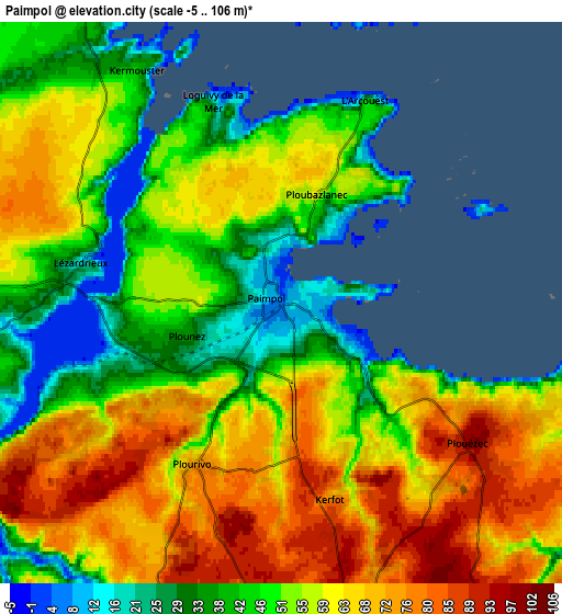 Zoom OUT 2x Paimpol, France elevation map