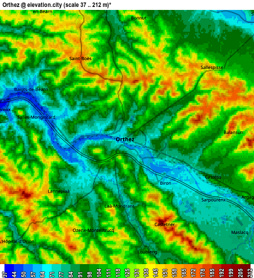 Zoom OUT 2x Orthez, France elevation map