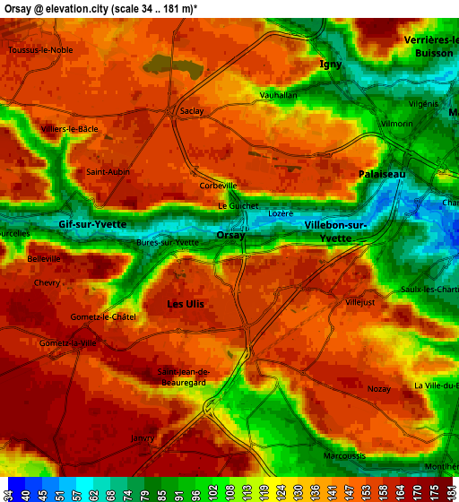 Zoom OUT 2x Orsay, France elevation map