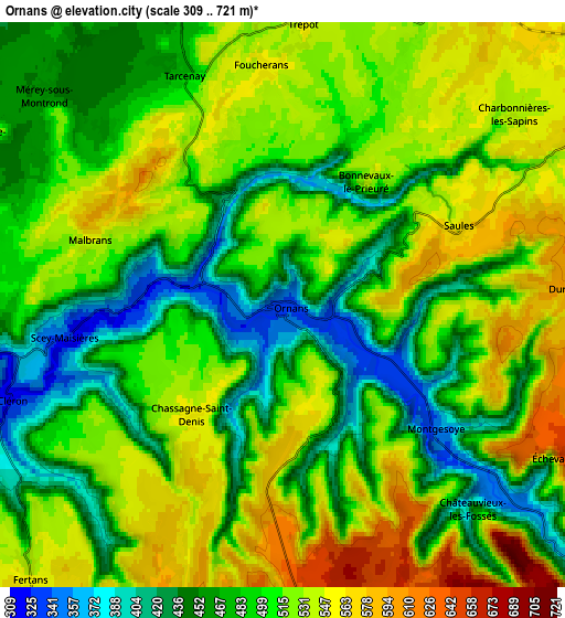 Zoom OUT 2x Ornans, France elevation map