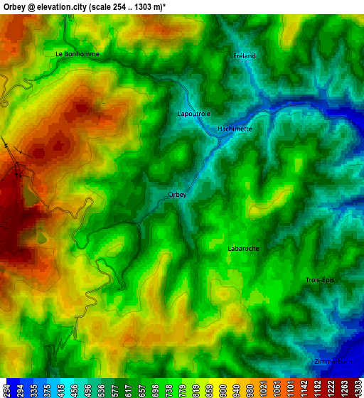 Zoom OUT 2x Orbey, France elevation map