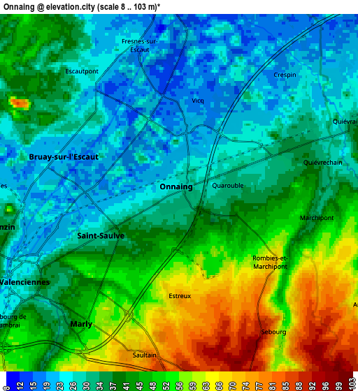 Zoom OUT 2x Onnaing, France elevation map