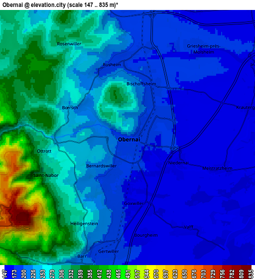 Zoom OUT 2x Obernai, France elevation map