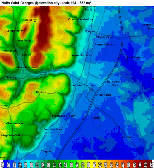 Zoom OUT 2x Nuits-Saint-Georges, France elevation map