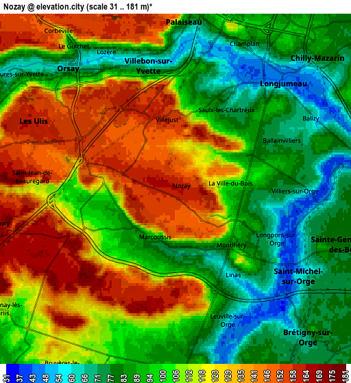 Zoom OUT 2x Nozay, France elevation map