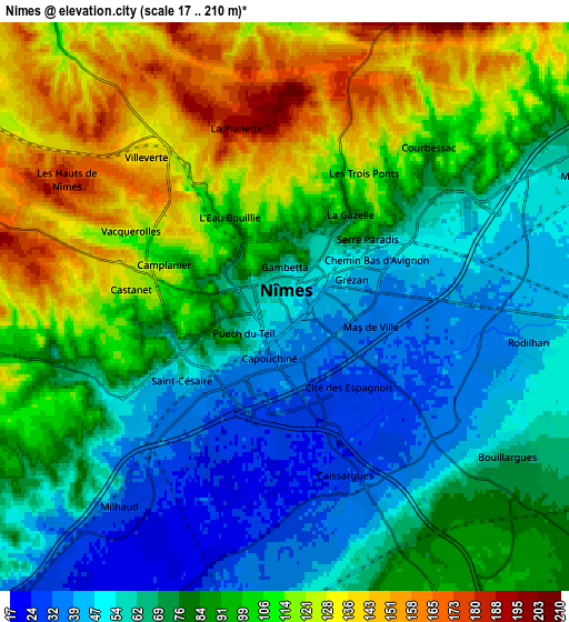 Zoom OUT 2x Nîmes, France elevation map
