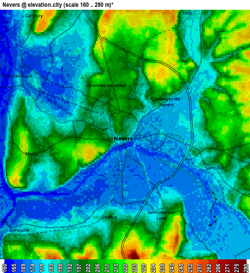 Zoom OUT 2x Nevers, France elevation map