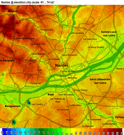 Zoom OUT 2x Nantes, France elevation map